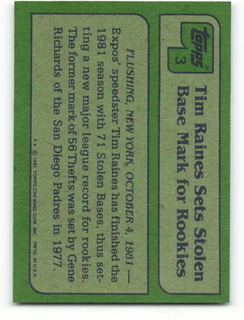 1982 Topps #3 Tim Raines EX Excellent Montreal Expos Baseball Card - Baseball Card Single
