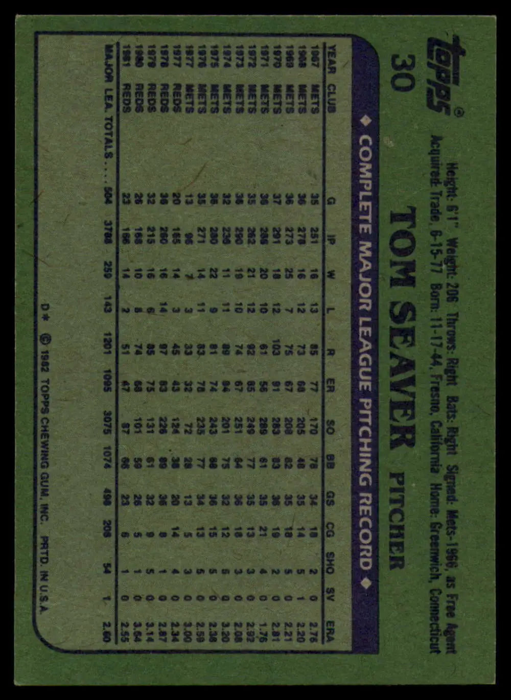 1982 Topps #30 Tom Seaver EX Excellent Cincinnati Reds Baseball Card - Baseball Card Single