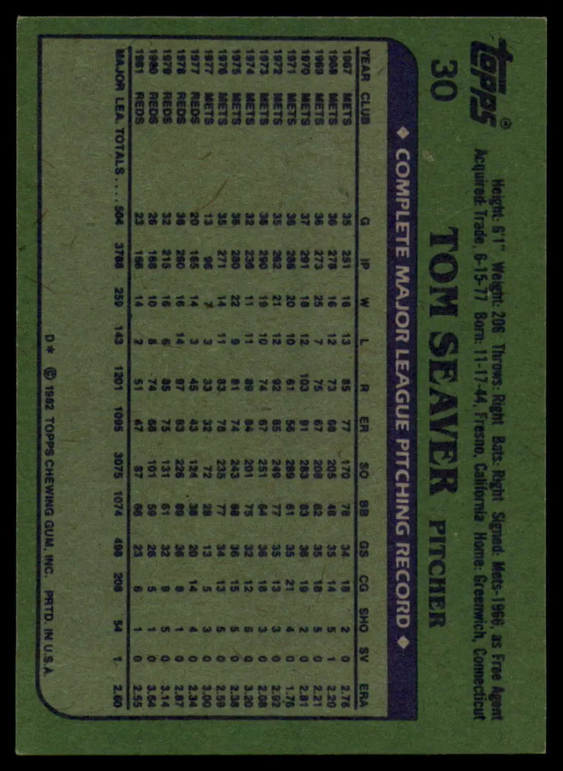 1982 Topps #30 Tom Seaver EX Excellent Cincinnati Reds Baseball Card - Baseball Card Single