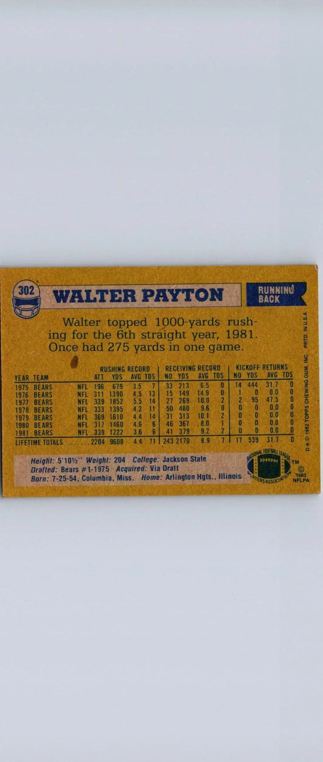 Walter Payton 1982 Topps #302 trading card featuring the legendary football player