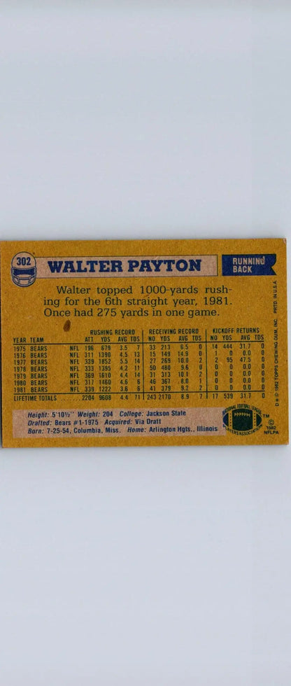 Walter Payton 1982 Topps #302 trading card featuring the legendary football player