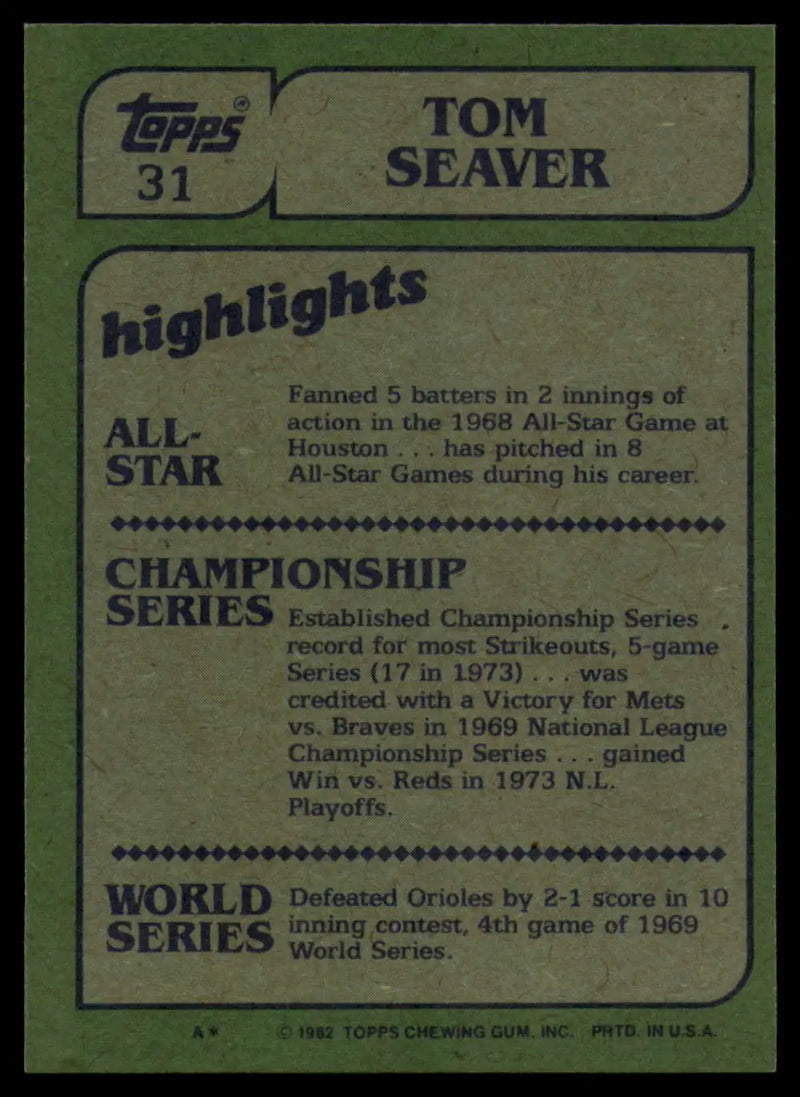 1982 Topps #31 Tom Seaver EX Excellent Cincinnati Reds Baseball Card - Baseball Card Single