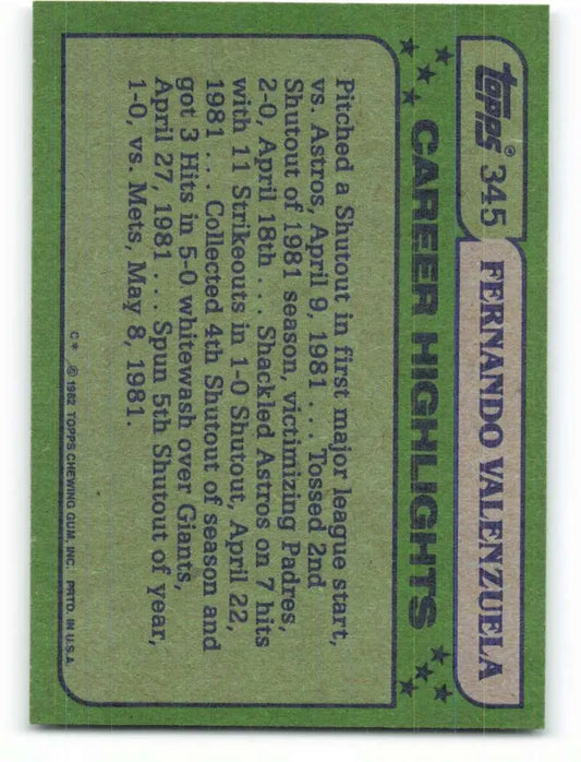 1982 Topps #345 Fernando Valenzuela EX Excellent Los Angeles Dodgers Baseball Card - Baseball Card Single