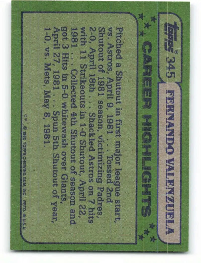 1982 Topps #345 Fernando Valenzuela EX Excellent Los Angeles Dodgers Baseball Card