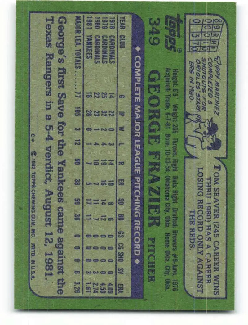 1982 Topps #349 George Frazier EX Excellent New York Yankees Baseball Card - Baseball Card Single