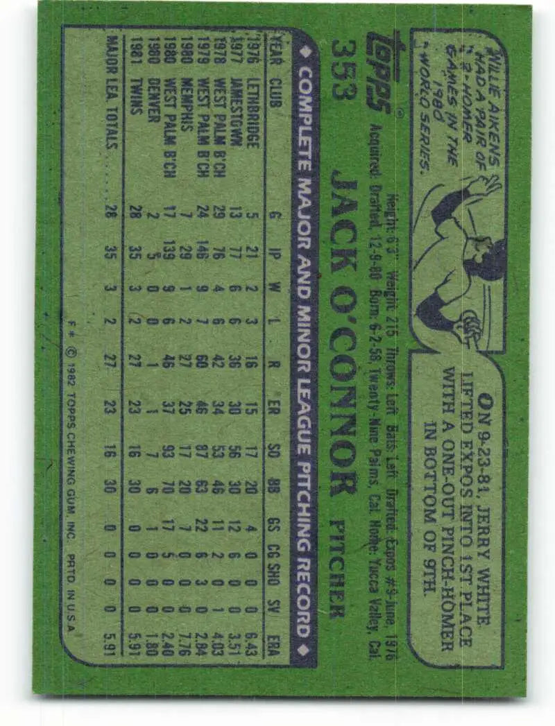 1982 Topps #353 Jack O’Connor EX Excellent RC Rookie Minnesota Twins Baseball Card - Baseball Card Single