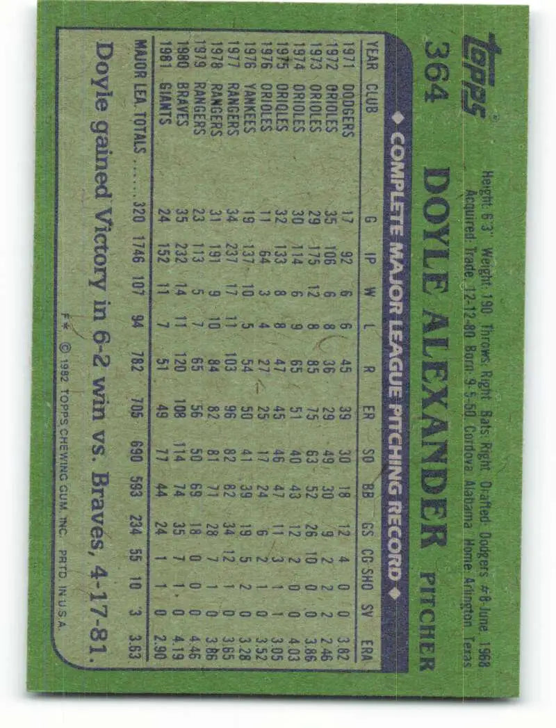 1982 Topps #364 Doyle Alexander EX Excellent San Francisco Giants Baseball Card - Baseball Card Single