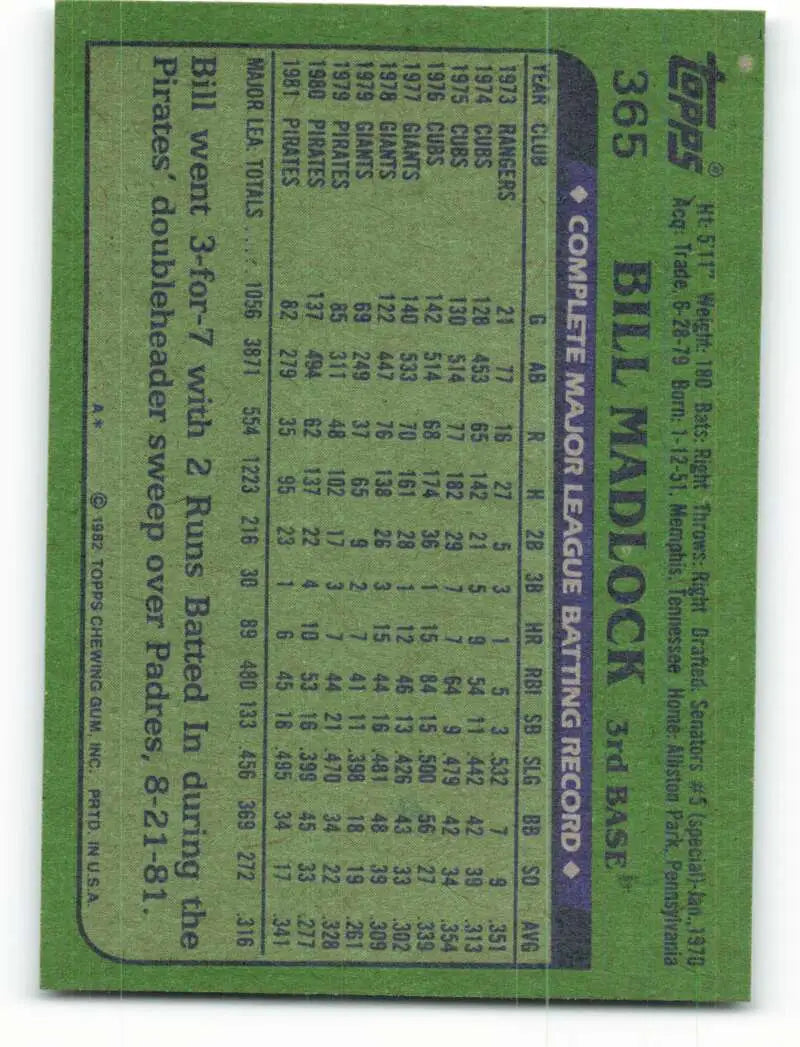 1982 Topps #365 Bill Madlock EX Excellent Pittsburgh Pirates Baseball Card - Baseball Card Single