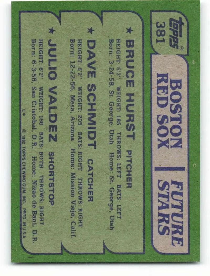 1982 Topps #381 Bruce Hurst/Dave Schmidt/Julio Valdez EX Excellent RC Rookie Boston Red Sox Baseball Card - Baseball