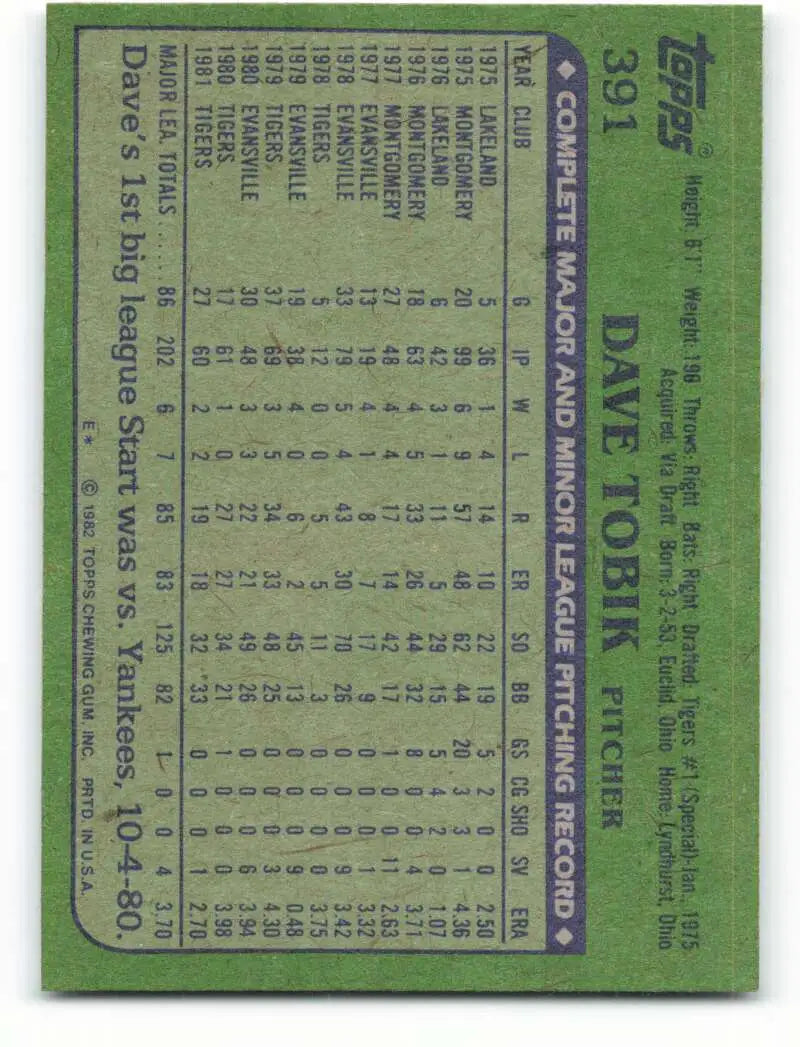 1982 Topps #391 Dave Tobik EX Excellent Detroit Tigers Baseball Card - Baseball Card Single