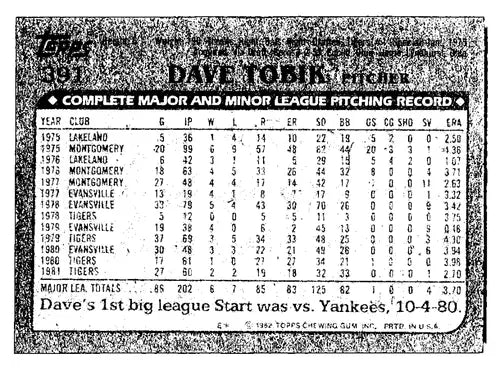 1982 Topps #391 Dave Tobik EX/NM Tigers ID:82334 - Baseball Card Single