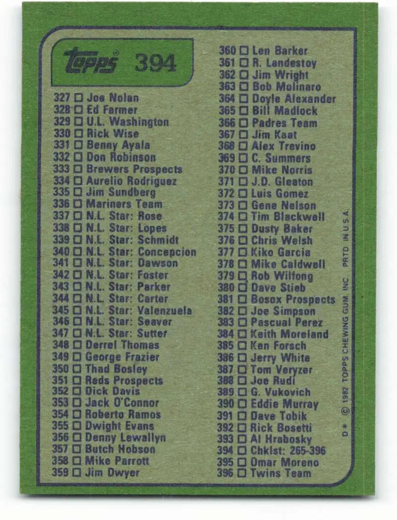 1982 Topps #394 Checklist 265-396 EX Excellent Checklist Baseball Card - Baseball Card Single