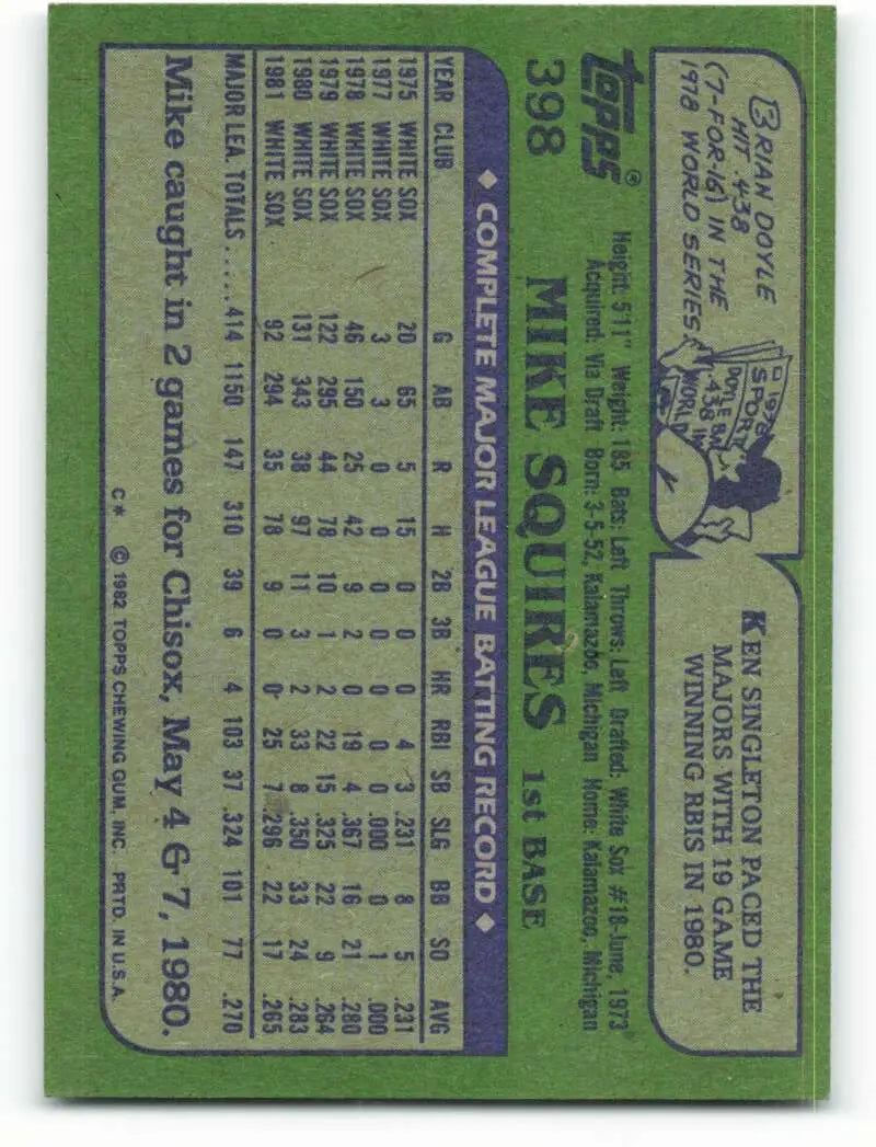 1982 Topps #398 Mike Squires EX Excellent Chicago White Sox Baseball Card - Baseball Card Single