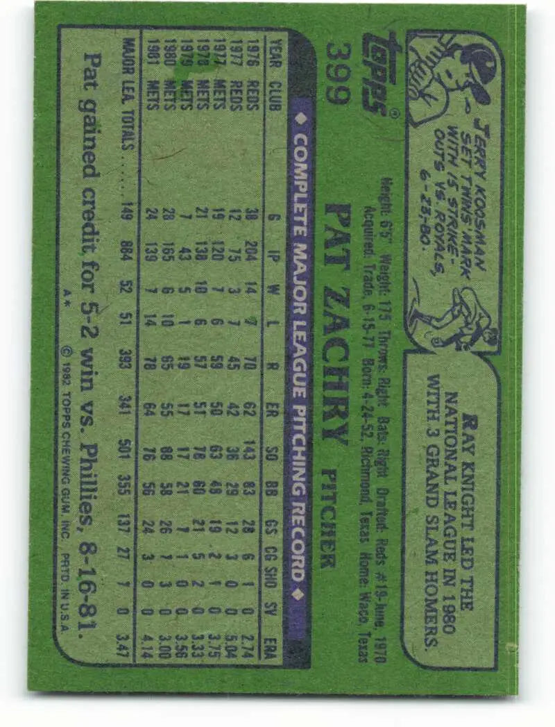 1982 Topps #399 Pat Zachry EX Excellent New York Mets Baseball Card - Baseball Card Single