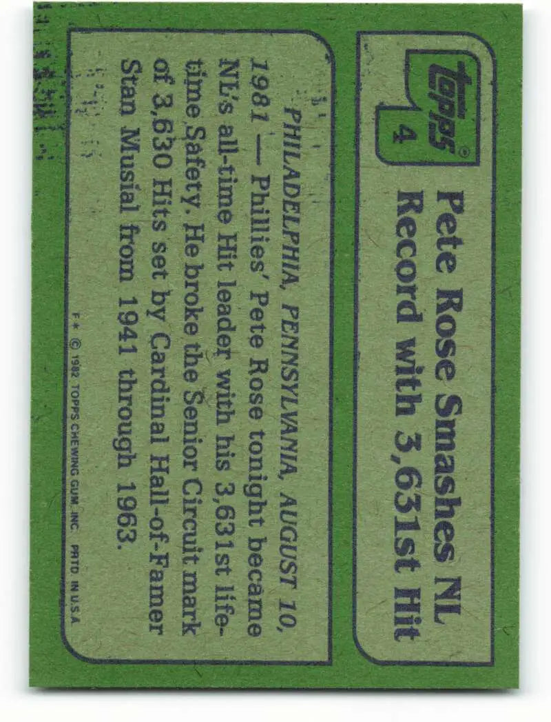 1982 Topps #4 Pete Rose EX Excellent Philadelphia Phillies Baseball Card - Baseball Card Single