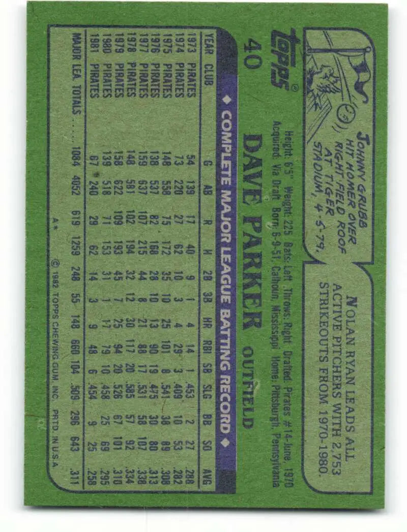 1982 Topps #40 Dave Parker EX Excellent Pittsburgh Pirates Baseball Card - Baseball Card Single