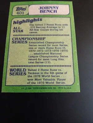 1982 Topps #401 Johnny Bench. Cincinnati Reds. HOF. EX-NRMT - Baseball Card Single