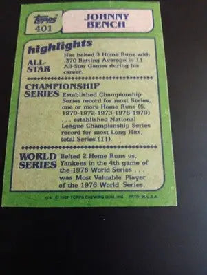 1982 Topps #401 Johnny Bench. Cincinnati Reds. HOF. EX-NRMT - Baseball Card Single