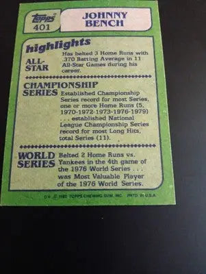 1982 Topps #401 Johnny Bench. Cincinnati Reds. HOF. EX-NRMT - Baseball Card Single