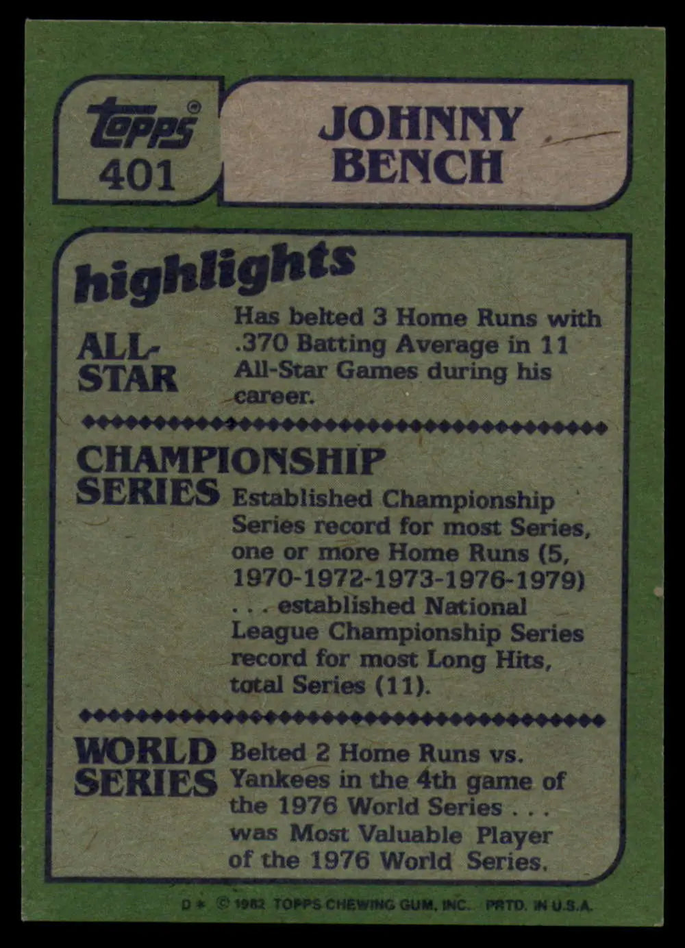 1982 Topps #401 Johnny Bench EX Excellent Cincinnati Reds Baseball Card - Baseball Card Single
