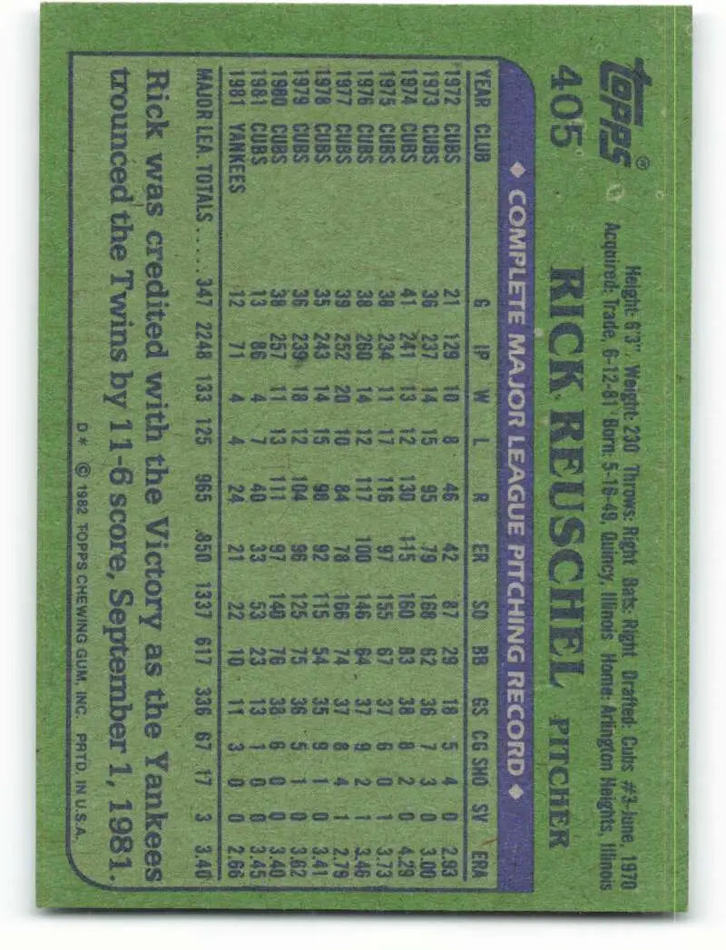1982 Topps #405 Rick Reuschel EX Excellent New York Yankees Baseball Card - Baseball Card Single