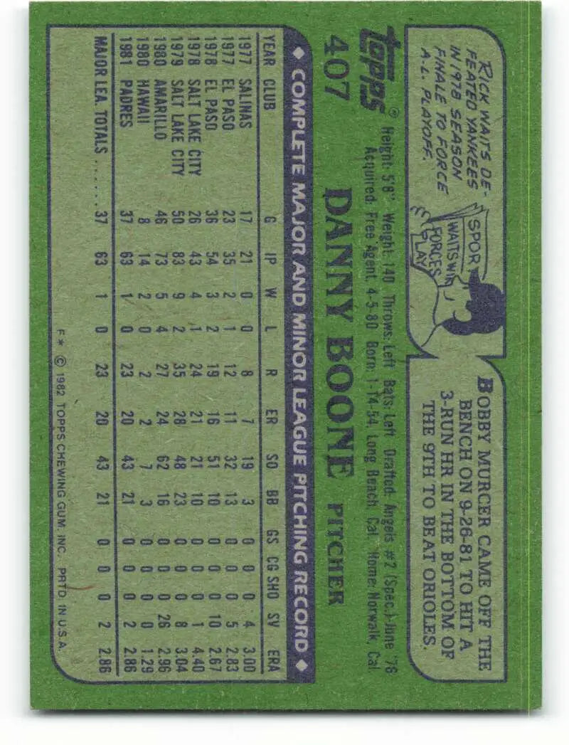 1982 Topps #407 Danny Boone EX Excellent RC Rookie San Diego Padres Baseball Card - Baseball Card Single