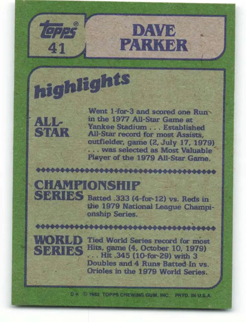 1982 Topps #41 Dave Parker EX Excellent Pittsburgh Pirates Baseball Card - Baseball Card Single