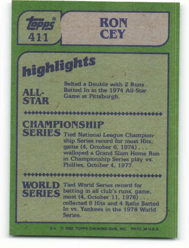 1982 Topps #411 Ron Cey EX Excellent Los Angeles Dodgers Baseball Card - Baseball Card Single