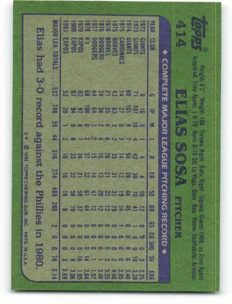 1982 Topps #414 Elias Sosa EX Excellent Montreal Expos Baseball Card - Baseball Card Single