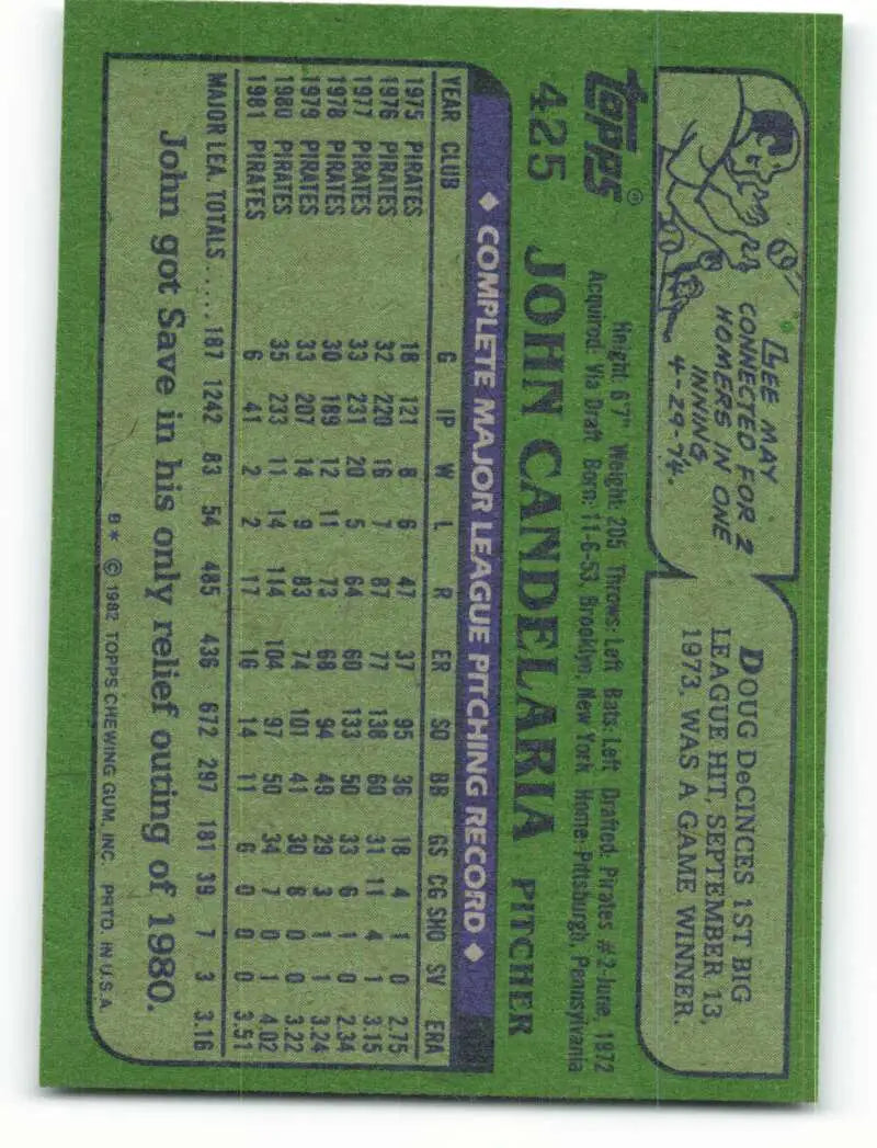 1982 Topps #425 John Candelaria EX Excellent Pittsburgh Pirates Baseball Card - Baseball Card Single