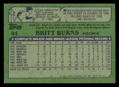 Vintage 1982 Topps Britt Burns baseball card with pitching statistics Chicago White Sox