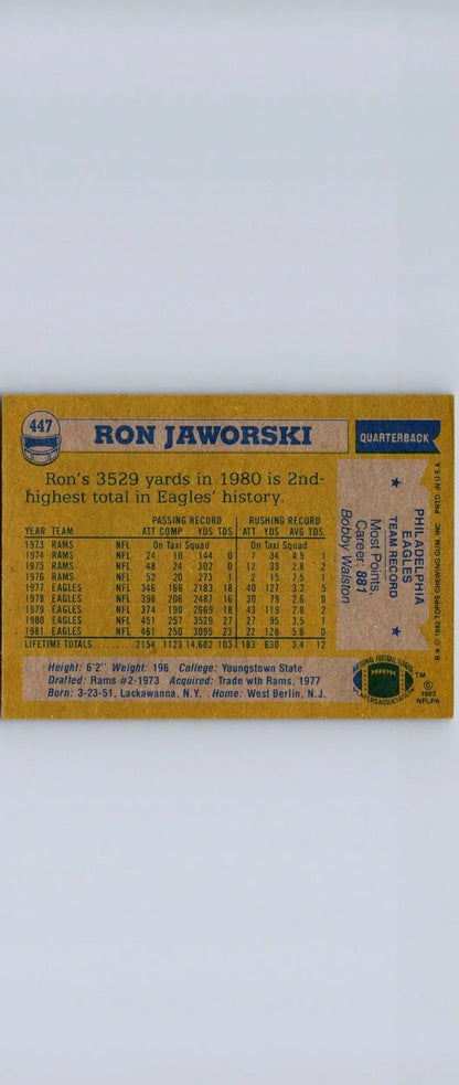Ron Jaworski 1982 Topps #447 trading card featuring the football legend in action