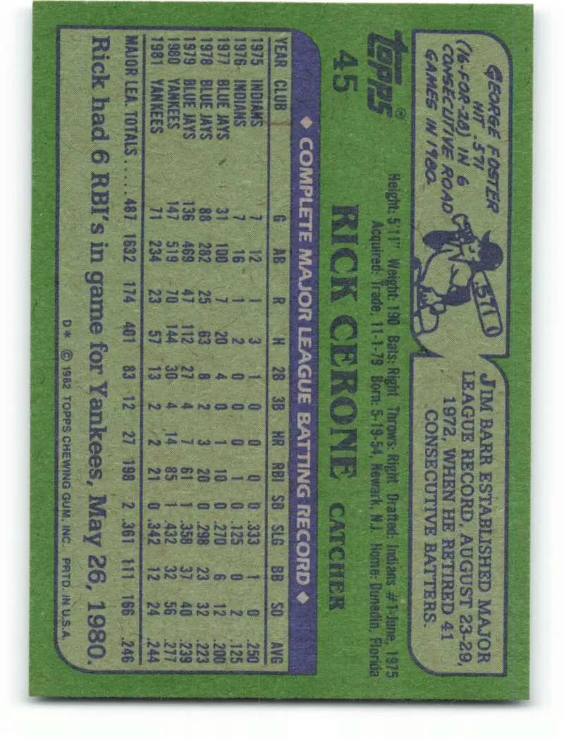 1982 Topps #45 Rick Cerone EX Excellent New York Yankees Baseball Card - Baseball Card Single