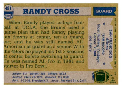 Randy Cross football card from 1982 Topps with original gloss, excellent 49ers condition