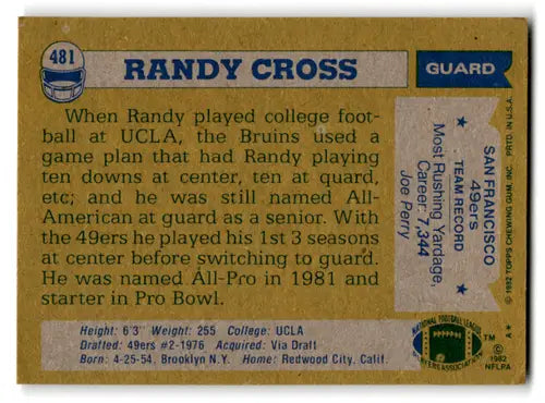 Original gloss Randy Cross football card from 1982 Topps #481 featuring Simply Sandoval