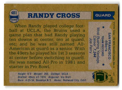 Original gloss Randy Cross football card from 1982 Topps #481 featuring Simply Sandoval
