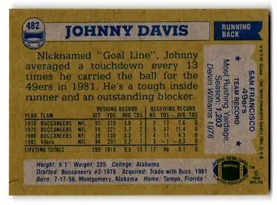 Vintage trading card of Johnny Davis, Tampa Bay Buccaneers, 1982 Topps #482