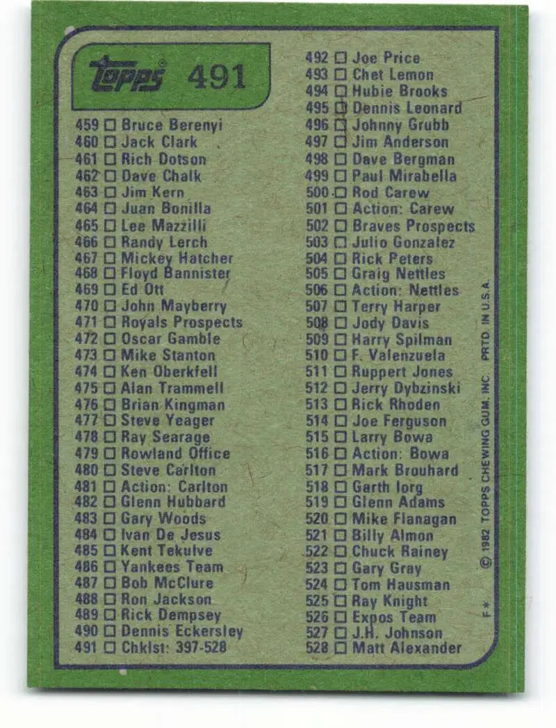 1982 Topps #491 Checklist 397-528 EX Excellent Checklist Baseball Card - Baseball Card Single