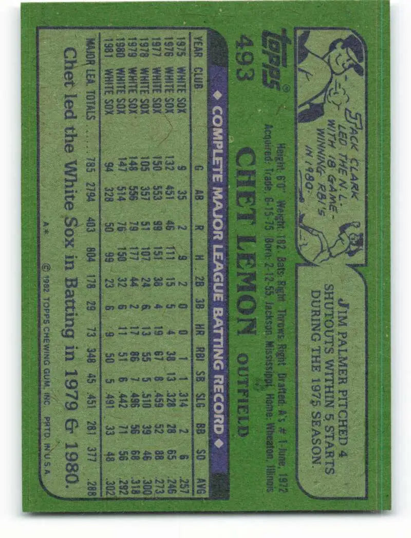 1982 Topps #493 Chet Lemon EX Excellent Chicago White Sox Baseball Card - Baseball Card Single