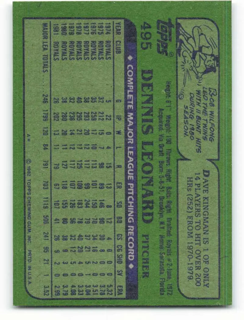 1982 Topps #495 Dennis Leonard EX Excellent Kansas City Royals Baseball Card - Baseball Card Single