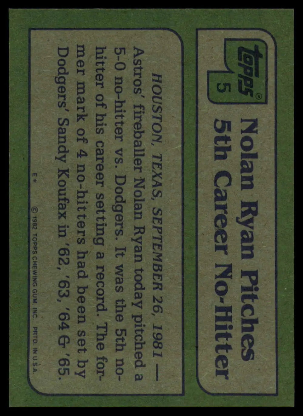 1982 Topps #5 Nolan Ryan EX Excellent Houston Astros Baseball Card - Baseball Card Single