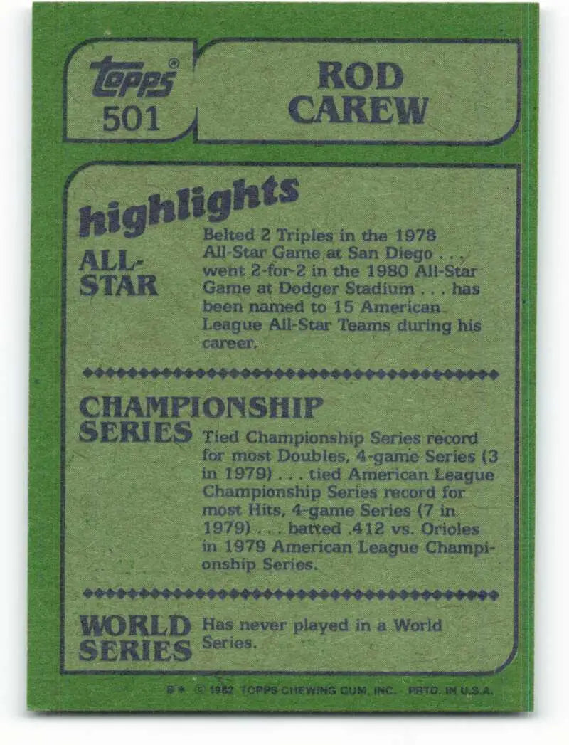 1982 Topps #501 Rod Carew EX Excellent California Angels Baseball Card - Baseball Card Single