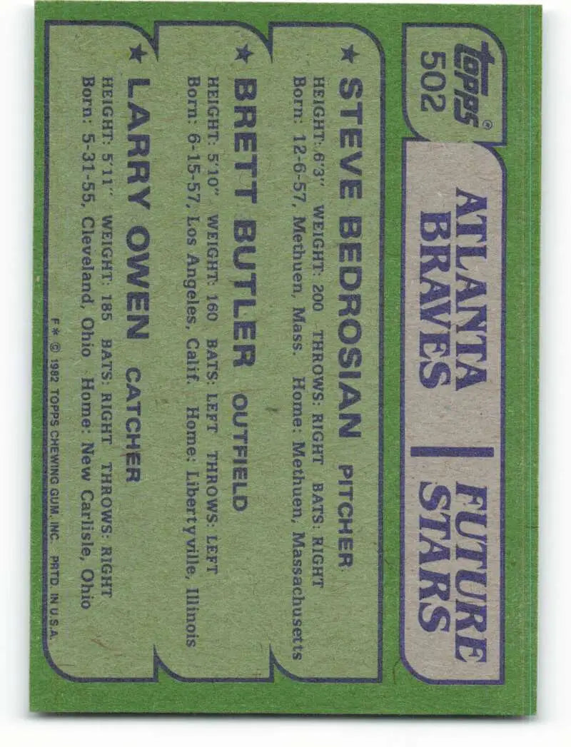 1982 Topps #502 Steve Bedrosian/Brett Butler/Larry Owen EX Excellent RC Rookie Atlanta Braves Baseball Card