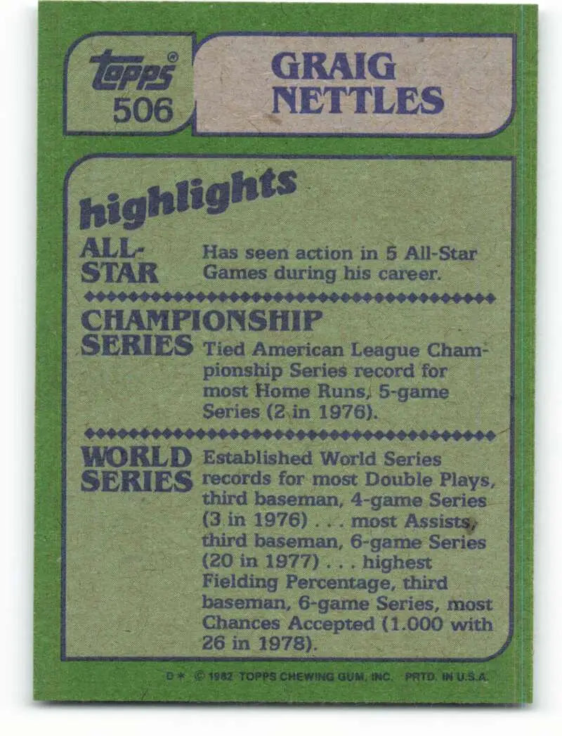 1982 Topps #506 Graig Nettles EX Excellent New York Yankees Baseball Card - Baseball Card Single