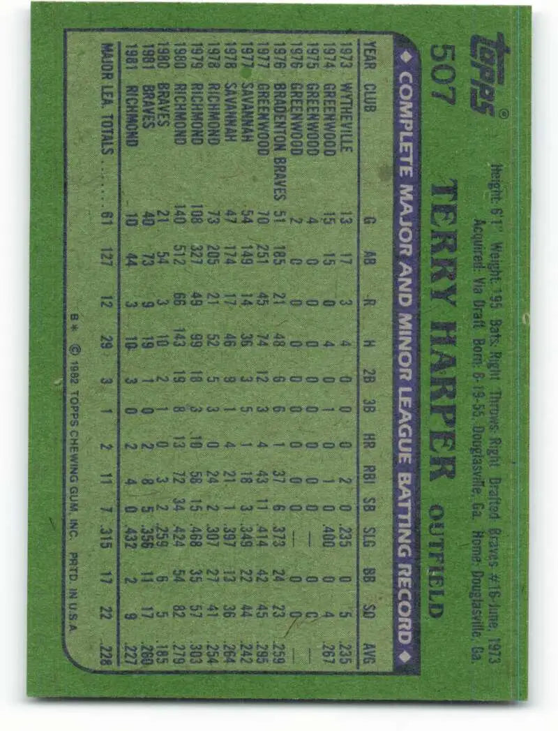 1982 Topps #507 Terry Harper EX Excellent Atlanta Braves Baseball Card - Baseball Card Single