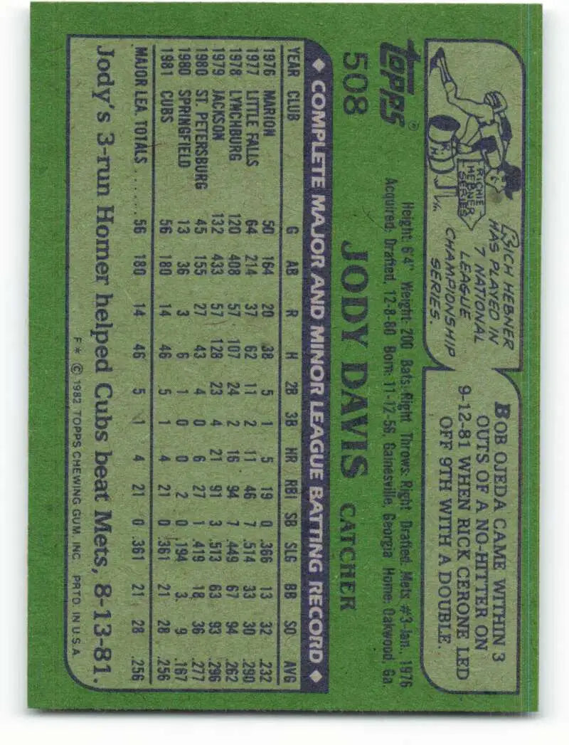 1982 Topps #508 Jody Davis EX Excellent RC Rookie Chicago Cubs Baseball Card - Baseball Card Single