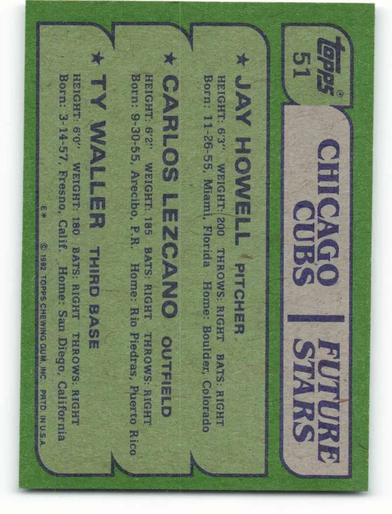 1982 Topps #51 Jay Howell/Carlos Lezcano/Ty Waller EX Excellent RC Rookie Chicago Cubs Baseball Card - Baseball Card