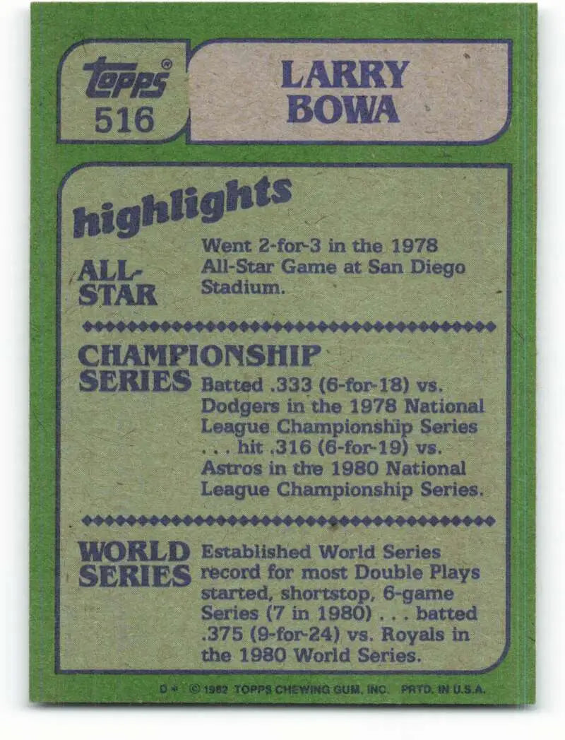 1982 Topps #516 Larry Bowa EX Excellent Philadelphia Phillies Baseball Card - Baseball Card Single