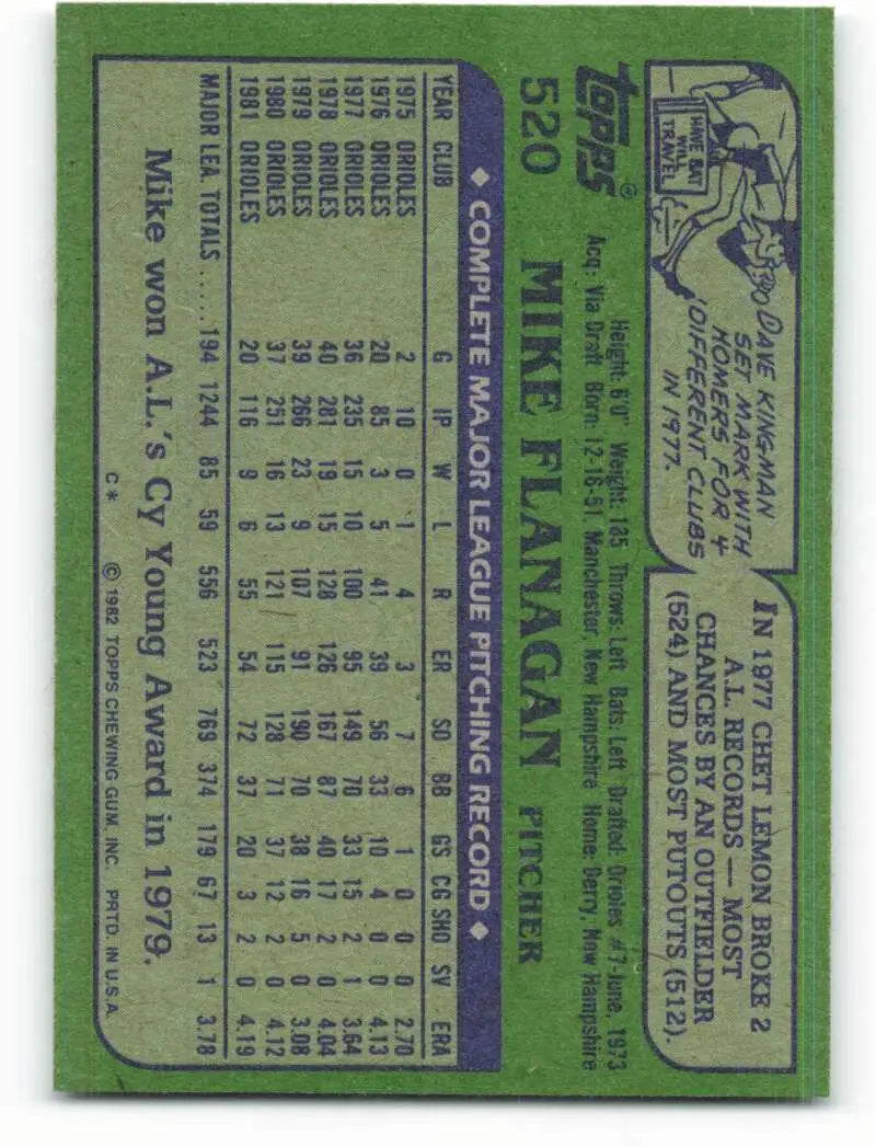 1982 Topps #520 Mike Flanagan EX Excellent Baltimore Orioles Baseball Card - Baseball Card Single