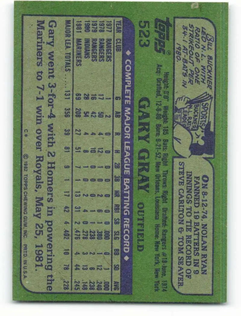 1982 Topps #523 Gary Gray EX Excellent Seattle Mariners Baseball Card - Baseball Card Single